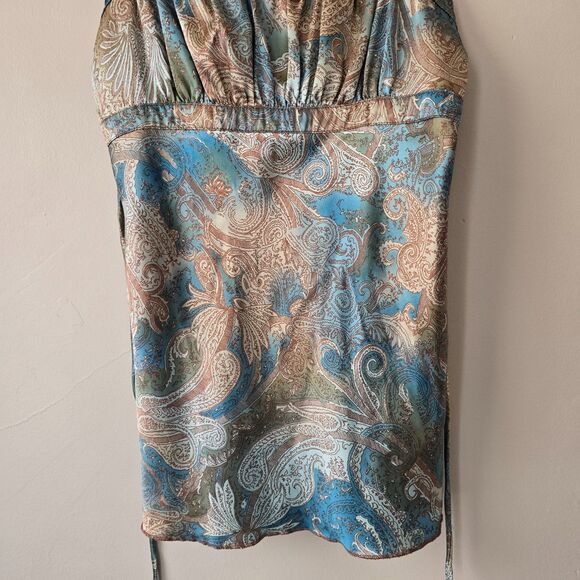 Vintage Y2K Self Esteem Babydoll Tank Satin Tie Ruched Paisley Brown Fairy Boho - Picture 4 of 7